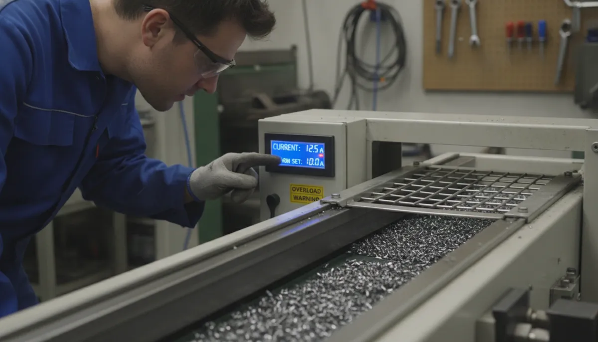 Heavy duty chip conveyor on a Cennetic CNC lathe preventing overloads