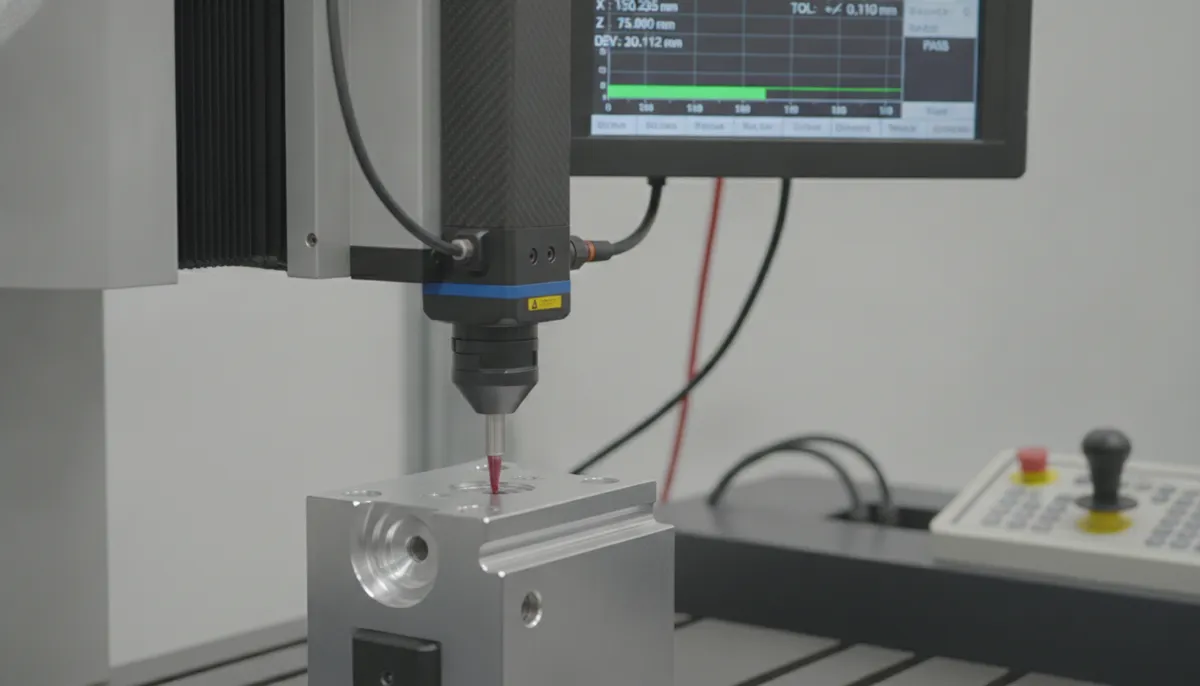 Cennetic CNC CMM bridge type probing a precision machined workpiece with touch-trigger probe