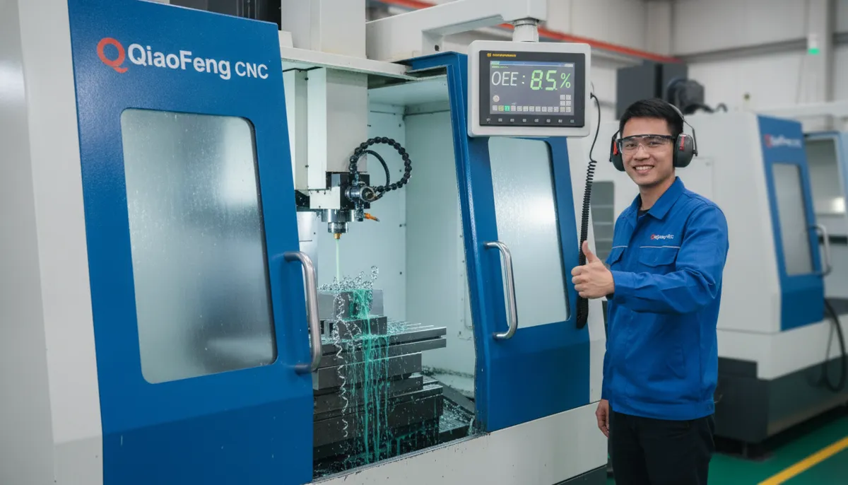 Cennetic CNC machine operator with CNC OEE explained display showing 85%
