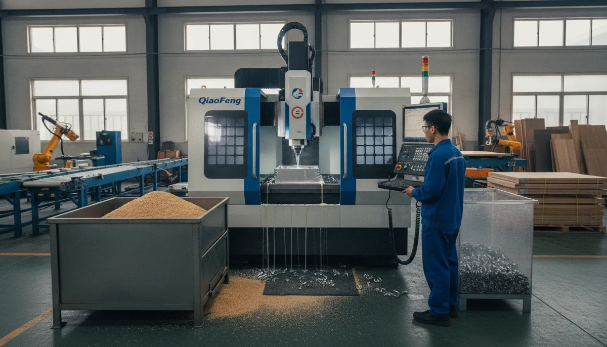 Cennetic hybrid CNC machine processing aluminum in a factory setting
