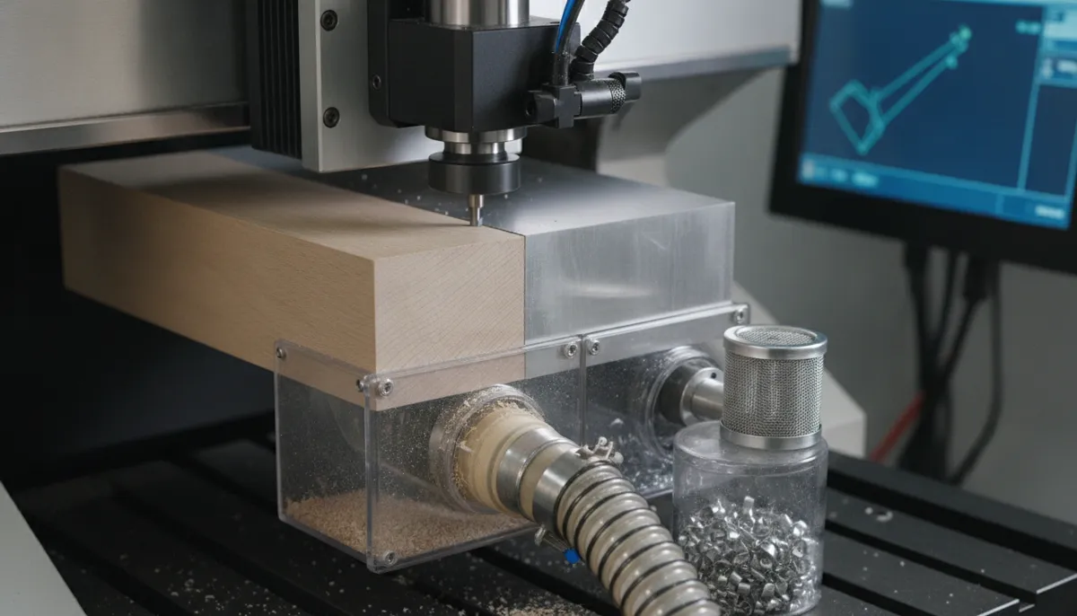 Close-up of Cennetic hybrid CNC cutting wood and aluminum simultaneously