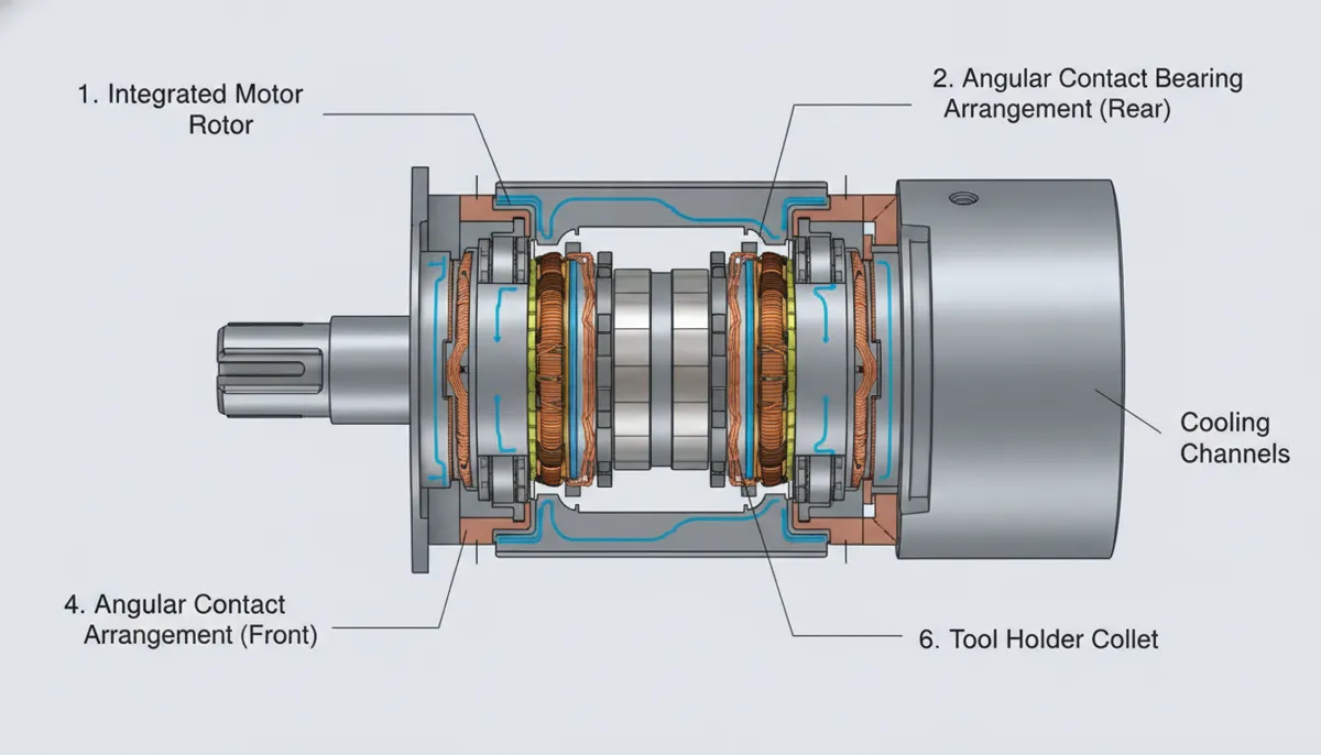 Cennetic direct drive CNC spindle cutaway diagram with labeled motor and bearing components