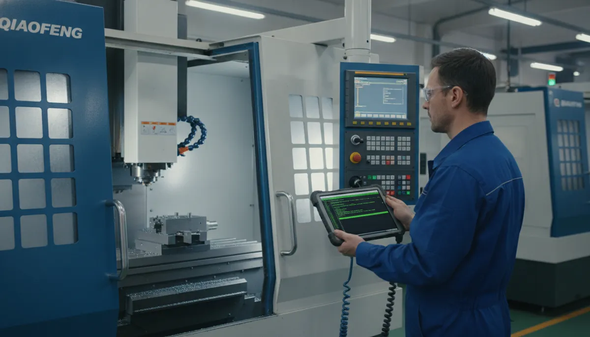 CNC operator reviewing G-code commands on tablet near CENNETIC