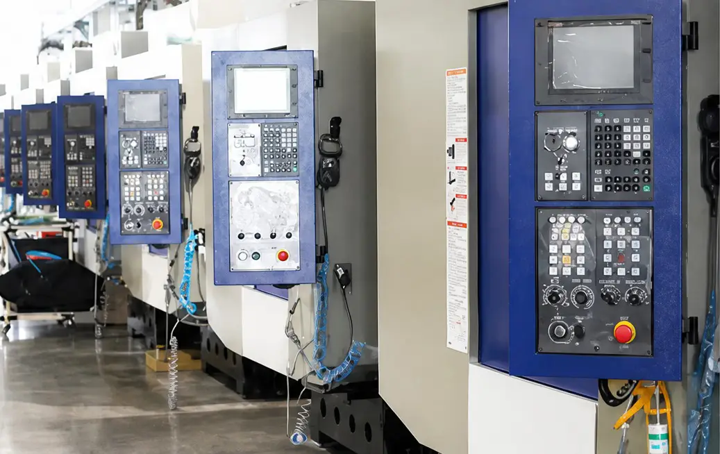 Row of CNC control panels on the assembly line